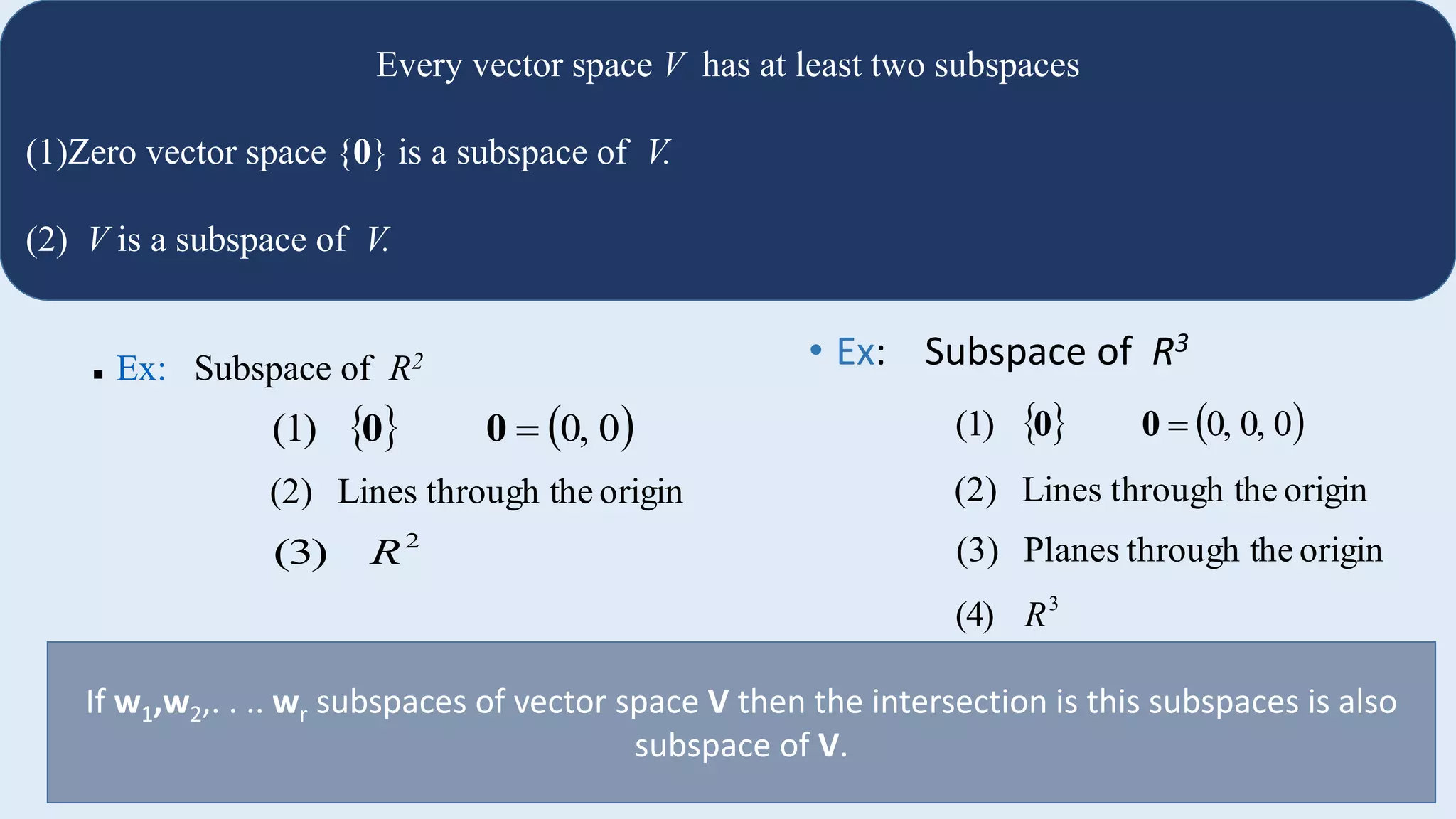 10
Every vector space V has at least two subspaces
(1)Zero vector space {0} is a subspace of V.
(2) V is a subspace of V.
 Ex: Subspace of R2
   00,(1) 00
originhethrough tLines(2)
2
(3) R
• Ex: Subspace of R3
originhethrough tPlanes(3)
3
(4) R
   00,0,(1) 00
originhethrough tLines(2)
If w1,w2,. . .. wr subspaces of vector space V then the intersection is this subspaces is also
subspace of V.
 