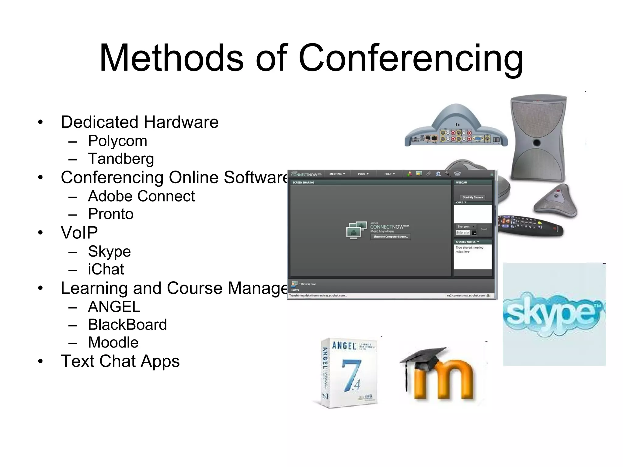 Methods of Conferencing Dedicated Hardware  Polycom Tandberg Conferencing Online Software Adobe Connect Pronto VoIP Skype iChat Learning and Course Management Systems ANGEL BlackBoard Moodle Text Chat Apps 