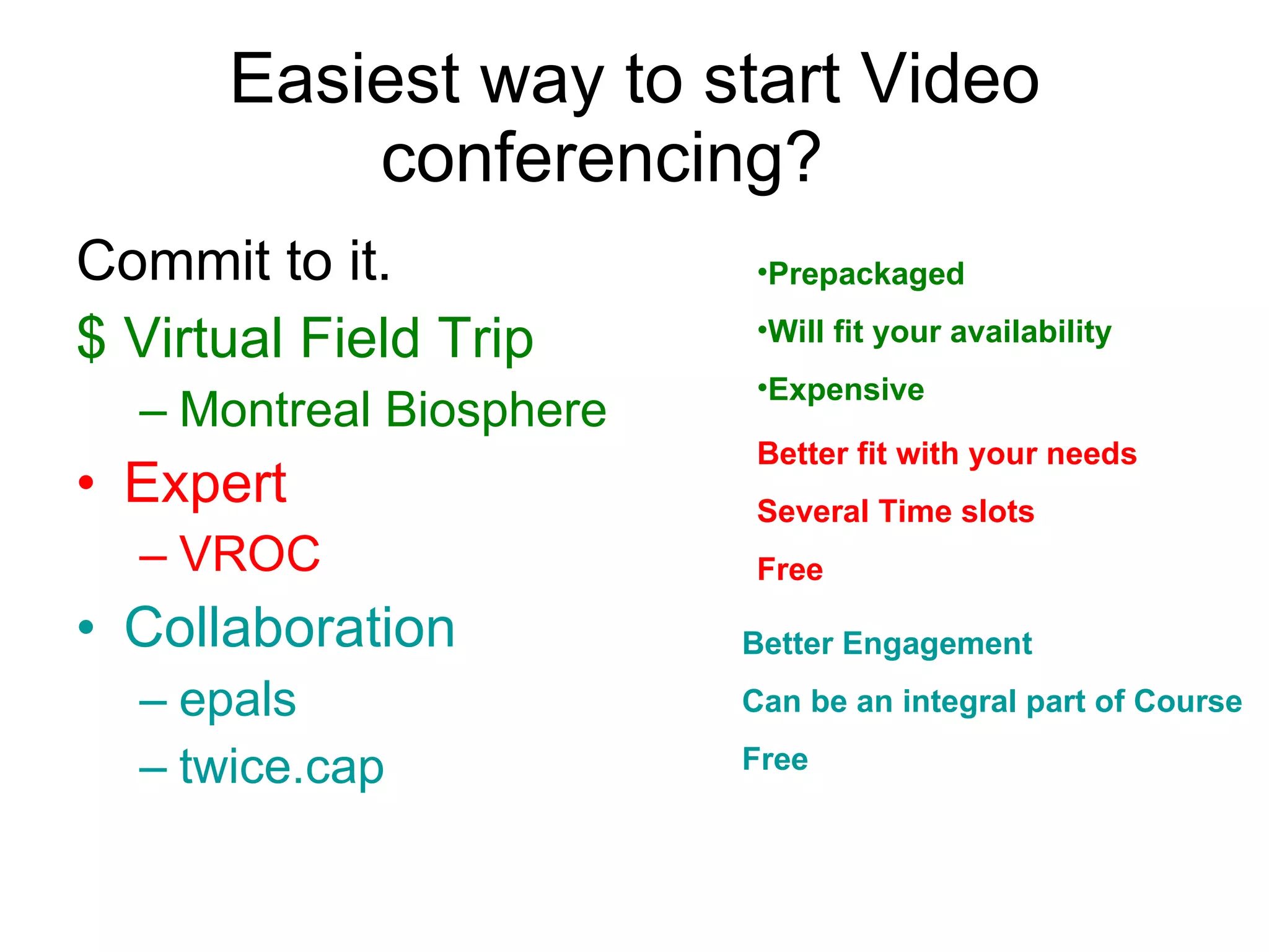 Easiest way to start Video conferencing? Commit to it. Virtual Field Trip Montreal Biosphere Expert VROC Collaboration epals twice.cap Prepackaged Will fit your availability Expensive Better fit with your needs Several Time slots Free Better Engagement Can be an integral part of Course Free 