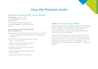 How the Program works
Minimum monthly V S P P rental contract:
Professional – minimum 360
points Enterprise – minimum
10,800 points
(or 3,600 point plan for developing
countries) Premier – minimum 100,000
points
As part of the Service Provider Program
you can benefit from:
• a flexible business model, including incremental volume
discounts, that raises the benefits as you increase your
commitment
• the world’s largest cloud ecosystem as part
of your service offering
• flexible access to VMware software on a
monthly subscription basis
• low start-up costs for minimal upfront
capital investment
• guaranteed pricing with 12-month fixed
price contracts
• inclusive Production Level support
VMware vCloud Usage Meter:
To facilitate reporting of the VMware vCloud® Service Provider
Bundles, VMware has developed the vCloud Usage Meter.
This tool automates the collection of usage data for
supported products. For additional details, visit the vCAN
Program Guide on Partner Central.
VMware vCloud Usage Meter must be installed to monitor
and report usage of the all vCloud Service Provider Bundles
and qualified products. Other products must be monitored
manually by the Service Provider and reported to the
Aggregator in accordance with the Aggregator’s reporting
process.
ENROLLE
D
ENTERPRIS
E
PREIER
 