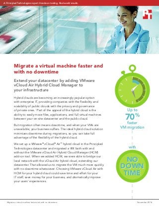 Migrate a virtual machine faster and with no downtime	 November 2016
Migrate a virtual machine faster and
with no downtime
Extend your datacenter by adding VMware
vCloud Air Hybrid Cloud Manager to
your infrastructure
Hybrid clouds are becoming an increasingly popular option
with enterprise IT, providing companies with the flexibility and
scalability of public clouds with the privacy and governance
of private ones.1
Part of the appeal of the hybrid cloud is the
ability to easily move files, applications, and full virtual machines
between your on-site datacenter and the public cloud.
But migration often means downtime, and when your VMs are
unavailable, your business suffers. The ideal hybrid cloud solution
minimizes downtime during migrations, so you can take full
advantage of the flexibility of the hybrid cloud.
We set up a VMware®
vCloud®
Air™
hybrid cloud in the Principled
Technologies datacenter and migrated a VM both with and
without the VMware vCloud Air Hybrid Cloud Manager (HCM)
add-on tool. When we added HCM, we were able to bridge our
local network with the vCloud Air hybrid cloud, extending our
datacenter. That allowed us to migrate the VM much more quickly
with no downtime whatsoever. Choosing VMware vCloud Air with
HCM for your hybrid cloud could save time and effort for your
IT staff, save money for your business, and dramatically improve
your users’ experiences.
with
Up to
70%
faster
VM migration
NO
DOWN
TIME
NO
DOWN
TIME
A Principled Technologies report: Hands-on testing. Real-world results.
 