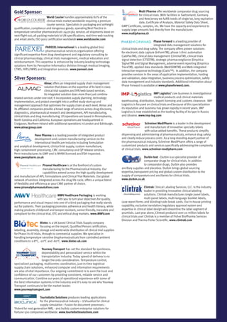 Gold Sponsor:                                                                                        Multi Pharma offer worldwide comparator drug sourcing
                                                                                                     for clinical trials. With facilities in Switzerland, Germany
                            World Courier handles approximately 80% of the                           and New Jersey we fulfill needs of single lot, long expiration
                            clinical trials market worldwide requiring a premium                     date, Certificate of Analysis, Material Safety Data Sheet,
                            courier service. Specialists in packaging and airfreight   GMP Certificate, samples, etc. We have the capacity and experience to
qualification, compliance and dangerous goods, operating Best Practice in              supply large amounts fast directly from the manufacturer.
temperature sensitive pharmaceuticals 24x7x365 service; all shipments leave on         www.multipharma.ch
next-flight-out; all packing materials to UN specifications; real-time web tracking
and email alerts; ISO 9001 certification worldwide www.worldcourier.com
                                                                                                                   Phase Forward is a leading provider of
                                                                                                                   integrated data management solutions for
                         PAREXEL International is a leading global bio/                clinical trials and drug safety. The company offers proven solutions
                         pharmaceutical services organization offering                 for electronic data capture (InFormTM), phase I clinic automation
significant expertise from drug development and regulatory consulting to               (LabPasTM), clinical data management (ClintrialTM), clinical trials
clinical pharmacology, clinical trials management, medical education and               signal detection (CTSDTM), strategic pharmacovigilance (Empirica
reimbursement. This expertise is enhanced by industry-leading technology               SignalTM) and Signal Management, adverse event reporting (Empirica
solutions from its Perceptive Informatics division through medical imaging,            TraceTM), applied data standards (WebSDMTM) and Web-integrated
CTMS, IVRS/IWRS and integration services. www.parexel.com                              interactive response technology (Clarix™). In addition, the company
                                                                                       provides services in the areas of application implementation, hosting
Silver Sponsors:                                                                       and validation, data integration, business process optimization, safety
                                                                                       data management and industry standards. Additional information about
                          Almac offers an integrated supply chain management
                                                                                       Phase Forward is available at www.phaseforward.com.
                          solution that draws on the expertise of its best in class
                          clinical trial supplies and IVR/web based services.
                          Its integrated solution does more than just combine                                     IMP Logistics’ core business is investigational
related services under one roof; it incorporates supply planning, technology                                      medical products and clinical materials
implementation, and project oversight into a unified study start-up and                warehousing, distribution, import licensing and customs clearance. IMP
management approach that optimises the supply chain at each level. Almac and           Logistics is focused on clinical trials and because of this specialization
its affiliated companies provide a broad range of services across drug discovery,      its reputation and business has grown rapidly in recent years. IMP
diagnostics, pharmaceutical research and development, API manufacturing,               Logistics is now established as the leading facility of its type in Russia
clinical trials and drug manufacturing. US operations are based in Pennsylvania,       and Ukraine. www.imp-log.com
North Carolina and California. European operations are headquartered in
Craigavon, Northern Ireland with additional operations in London and Edinburgh.                             Schreiner MediPharm is a leader in the development
www.almacgroup.com                                                                                          and manufacture of innovative specialty labels
                                                                                                            with value-added benefits. These products simplify
                Penn Pharma is a leading provider of integrated product                dispensing and administering of pharmaceuticals, enhance drug safety
                development and custom manufacturing services to the                   and clearly reduce process costs. As a long-standing expert partner of
                international healthcare industry including formulation                the pharmaceutical industry, Schreiner MediPharm offers a range of
and analytical development, clinical trial supply, custom manufacture,                 customized products and services specifically addressing the complexity
high containment processing, CMC consultancy and QP release services.                  of clinical trials. www.schreiner-medipharm.com
Penn manufactures to GMP and is MHRA licensed and FDA inspected.
www.pennpharm.co.uk                                                                                       Durbin text - Durbin is a specialist provider of
                                                                                                          comparator drugs for clinical trials. In addition
                          Piramal Healthcare is at the forefront of custom                                to comparator drugs, Durbin also provides
                          manufacturing for the Pharmaceutical Industry. Our           ancillary supplies and placebos. Durbin brings global sourcing
                          capabilities extend across the high quality development      expertise,transparent pricing and global custom distribution to the
and manufacture of API, Formulations and Clinical Trial Materials. Our global          supply of comparators and ancillaries for clinical trials.
network of services integrated across the drug life cycle, offers a unique blend       www.durbin.co.uk
of flexibility and efficiency as your CMO partner of choice.
www.piramalpharmasolutions.com                                                                              Clintrak Clinical Labeling Services, LLC. Is the industry
                                                                                                            leader in providing innovative clinical labeling
                                      MWV Healthcare Packaging is working                                   solutions. Clintrak manufactures single panel labels,
                                      with you to turn your objectives for quality,                         multi-panel labels, multi-language booklet labels,
performance and visual impact into one-of-a-kind packaging that really stands          case report forms and blinding/code break cards. Our in-house printing
out for patients. Their packaging promotes adherence and health literacy, while        capability, exclusive translation/regulatory approval system and
making products childproof and tamper resistant, senior-friendly, traceable and        expertise in clinical label design will streamline the label segment of
compliant for the clinical trial, OTC and ethical drug markets. www.MWV.com            yourtrials. Last year alone, Clintrak produced over 20 million labels for
                                                                                       clinical trials use! Clintrak is a member of Fisher BioPharma Services
                                                                                       Division and Thermo Fisher Scientific. www.clintrak.com
                        Biotec is a UK based Clinical Trials Supply company
                        focusing on the import, Qualified Person certification,
labelling, assembly, storage and world-wide distribution of clinical trial supplies
for Phase I to IV trials, through to commercial supplies. We specialise in
handling temperature sensitive biopharmaceuticals from controlled ambient
conditions to 2-8°C, -20°C and -80°C. www.biotec-uk.com

                       Yourway Transport has set the standard for quickness,
                       dependability and personalized service within the
                       transportation industry. Today speed of delivery is no
                       longer the only consideration. Temperature control,
specialized packaging, multicentre coordination, just-in-time logistical
supply chain solutions, enhanced computer and information requirements
are also of vital importance. Our ongoing commitment is to earn the trust and
confidence of our customers by providing consistent, reliable service and
communication. Combine our years of operational experience with some of
the best information systems in the industry and it’s easy to see why Yourway
Transport continues to be the market leader.
www.yourwaytransport.com

                     Tourtellotte Solutions produces leading applications
                     for the pharmaceutical industry – tcVisualize for clinical
                     supply simulation - Fusion for document processes -
Trident for next generation IWR, - and builds custom enterprise solutions for
Fortune 500 companies worldwide. www.tourtellottesolutions.com
 