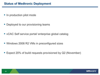28
Status of Medtronic Deployment
 In production pilot mode
 Deployed to our provisioning teams
 vCAC Self service portal/ enterprise global catalog
 Windows 2008 R2 VMs in preconfigured sizes
 Expect 20% of build requests provisioned by Q2 (November)
 