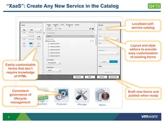9
“XaaS”: Create Any New Service in the Catalog
Requisition Provision Manage Retire
Easily customizable
forms that don’t
require knowledge
of HTML
Layout and style
editors to provide
easy customization
of existing forms
Draft new forms and
publish when ready
Consistent
governance of
lifecycle
management
Q4’13
Localized self-
service catalog
 