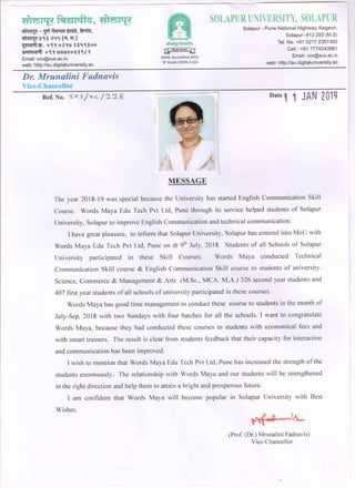 Testimonial from the Dr. Fadnavis, Hon'ble VC of Solapur University