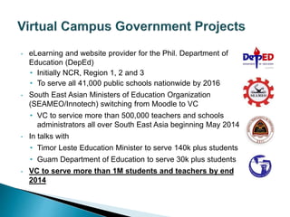• eLearning and website provider for the Phil. Department of 
Education (DepEd) 
• Initially NCR, Region 1, 2 and 3 
• To serve all 41,000 public schools nationwide by 2016 
• South East Asian Ministers of Education Organization 
(SEAMEO/Innotech) switching from Moodle to VC 
• VC to service more than 500,000 teachers and schools 
administrators all over South East Asia beginning May 2014 
• In talks with 
• Timor Leste Education Minister to serve 140k plus students 
• Guam Department of Education to serve 30k plus students 
• VC to serve more than 1M students and teachers by end 
2014 
 