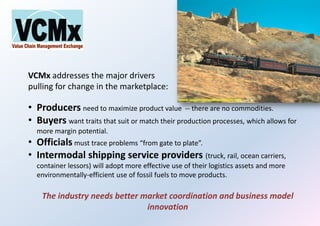 VCMx addresses the major drivers
pulling for change in the marketplace:
• Producers need to maximize product value -- there are no commodities.
• Buyers want traits that suit or match their production processes, which allows for
more margin potential.
• Officials must trace problems “from gate to plate”.
• Intermodal shipping service providers (truck, rail, ocean carriers,
container lessors) will adopt more effective use of their logistics assets and more
environmentally-efficient use of fossil fuels to move products.
The industry needs better market coordination and business model
innovation
 