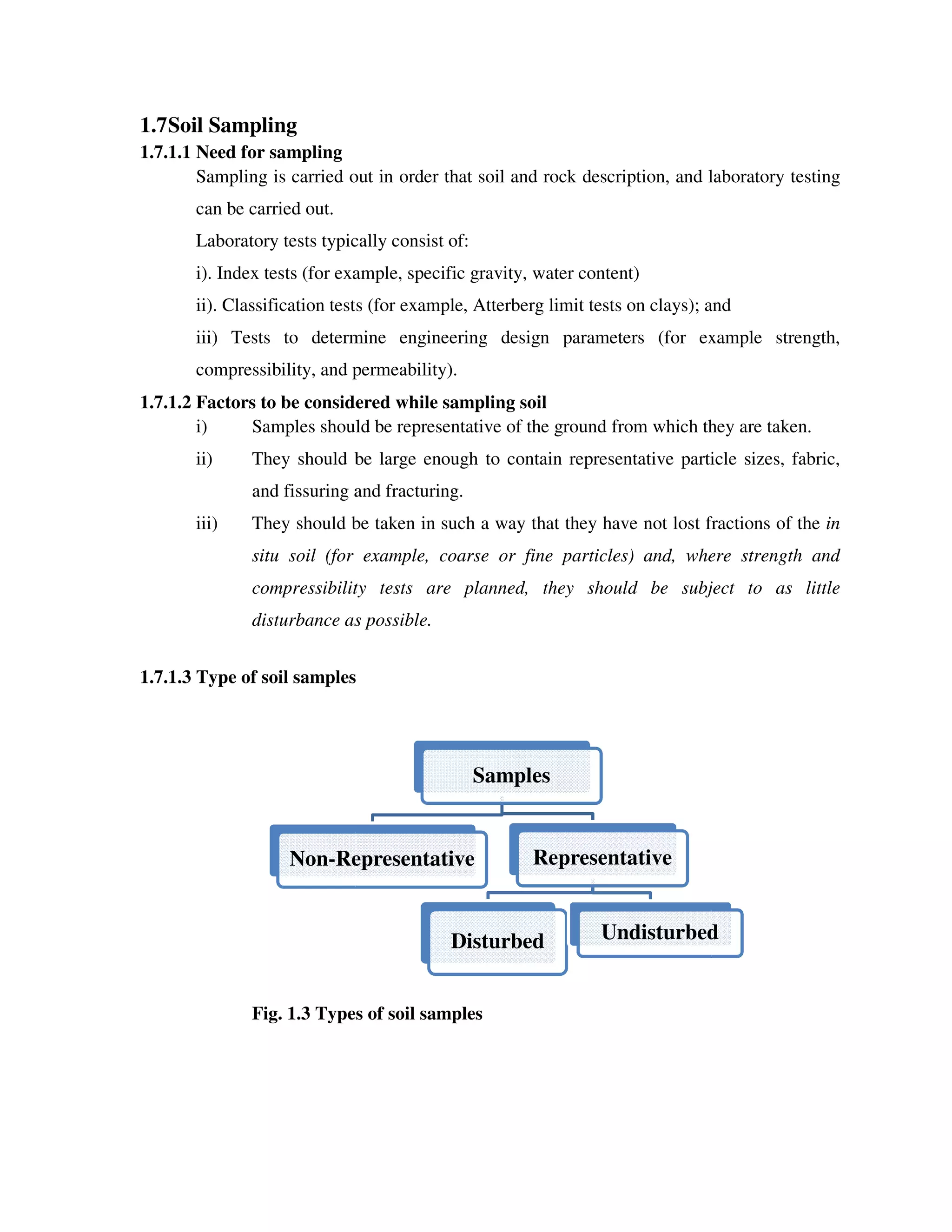 1.7Soil Sampling
1.7.1.1 Need for sampling
Sampling is carried out in order that soil and rock description, and laboratory testing
can be carried out.
Laboratory tests typically consist of:
i). Index tests (for example, specific gravity, water content)
ii). Classification tests (for example, Atterberg limit tests on clays); and
iii) Tests to determine engineering design parameters (for example strength,
compressibility, and permeability).
1.7.1.2 Factors to be considered while sampling soil
i) Samples should be representative of the ground from which they are taken.
ii) They should be large enough t
and fissuring and fracturing.
iii) They should be taken in such a way that they have not lost fractions of the
situ soil (for example, coarse or fine particles) and, where strength and
compressibility tests a
disturbance as possible.
1.7.1.3 Type of soil samples
Fig. 1.3 Types of soil samples
Non-Representative
Sampling is carried out in order that soil and rock description, and laboratory testing
Laboratory tests typically consist of:
. Index tests (for example, specific gravity, water content)
lassification tests (for example, Atterberg limit tests on clays); and
ests to determine engineering design parameters (for example strength,
compressibility, and permeability).
Factors to be considered while sampling soil
Samples should be representative of the ground from which they are taken.
They should be large enough to contain representative particle sizes, fabric,
and fissuring and fracturing.
They should be taken in such a way that they have not lost fractions of the
situ soil (for example, coarse or fine particles) and, where strength and
compressibility tests are planned, they should be subject to as little
disturbance as possible.
Type of soil samples
Fig. 1.3 Types of soil samples
Samples
Representative
Disturbed Undisturbed
Representative
Sampling is carried out in order that soil and rock description, and laboratory testing
lassification tests (for example, Atterberg limit tests on clays); and
ests to determine engineering design parameters (for example strength,
Samples should be representative of the ground from which they are taken.
o contain representative particle sizes, fabric,
They should be taken in such a way that they have not lost fractions of the in
situ soil (for example, coarse or fine particles) and, where strength and
re planned, they should be subject to as little
Undisturbed
 