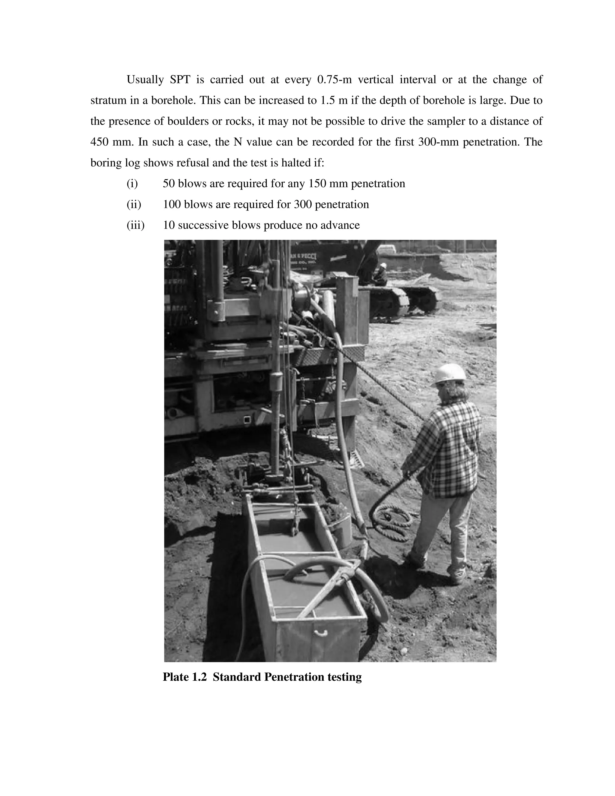 Usually SPT is carried out at every 0.75-m vertical interval or at the change of
stratum in a borehole. This can be increased to 1.5 m if the depth of borehole is large. Due to
the presence of boulders or rocks, it may not be possible to drive the sampler to a distance of
450 mm. In such a case, the N value can be recorded for the first 300-mm penetration. The
boring log shows refusal and the test is halted if:
(i) 50 blows are required for any 150 mm penetration
(ii) 100 blows are required for 300 penetration
(iii) 10 successive blows produce no advance
Plate 1.2 Standard Penetration testing
 