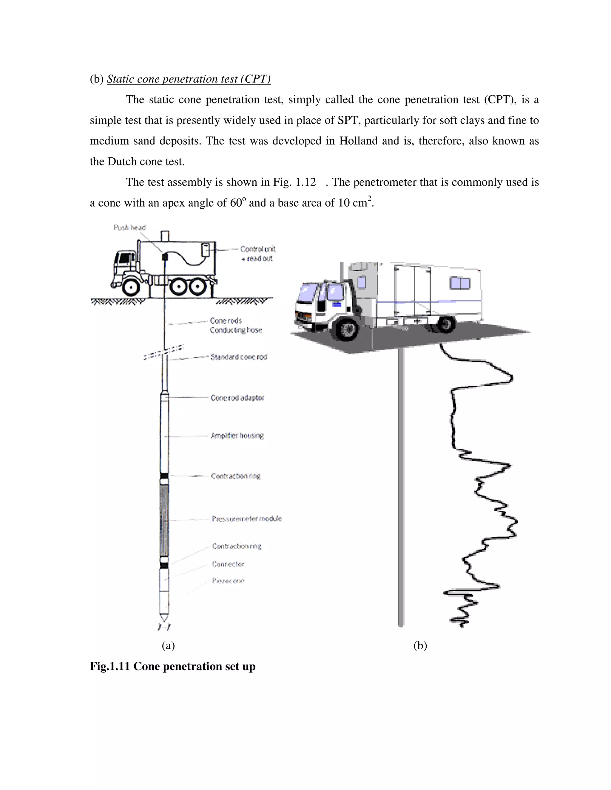 (b) Static cone penetration test (CPT)
The static cone penetration test, simply called the cone penetration test (CPT), is a
simple test that is presently widely used in place of SPT, particularly for soft clays and fine to
medium sand deposits. The test was deve
the Dutch cone test.
The test assembly is shown in Fig
a cone with an apex angle of 60
(a)
Fig.1.11 Cone penetration set up
tic cone penetration test (CPT)
The static cone penetration test, simply called the cone penetration test (CPT), is a
simple test that is presently widely used in place of SPT, particularly for soft clays and fine to
medium sand deposits. The test was developed in Holland and is, therefore, also known as
The test assembly is shown in Fig. 1.12 . The penetrometer that is commonly used is
a cone with an apex angle of 60o
and a base area of 10 cm2
.
(b)
on set up
The static cone penetration test, simply called the cone penetration test (CPT), is a
simple test that is presently widely used in place of SPT, particularly for soft clays and fine to
loped in Holland and is, therefore, also known as
. The penetrometer that is commonly used is
 
