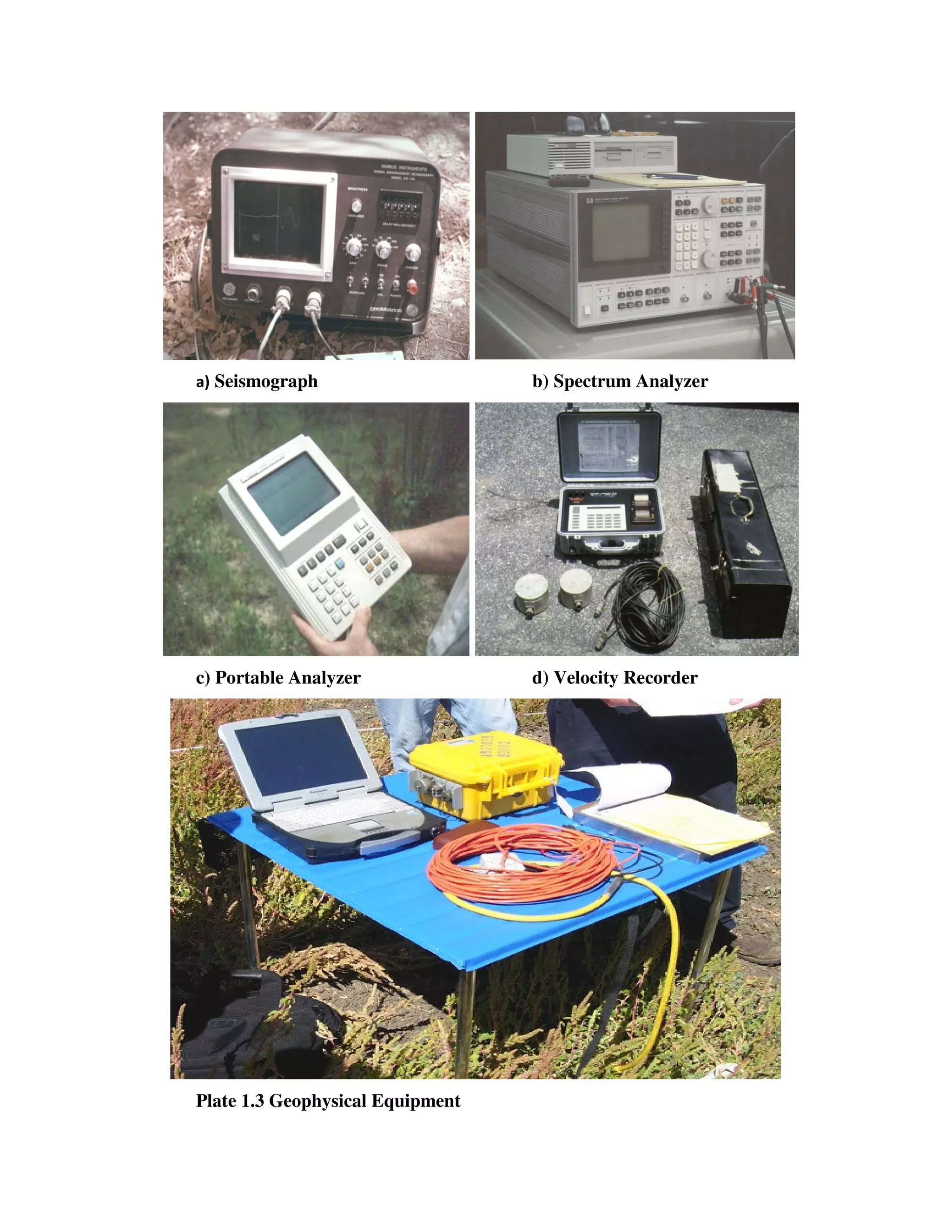 Seismograph
c) Portable Analyzer
Plate 1.3 Geophysical Equipment
b) Spectrum Analyzer
Portable Analyzer d) Velocity Recorder
Geophysical Equipment
 