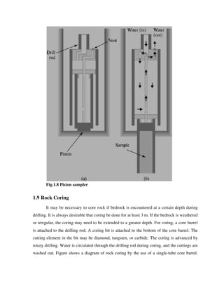 Fig.1.8 Piston sampler
1.9 Rock Coring
It may be necessary to core rock if bedrock is encountered at a certain depth during
drilling. It is always desirable that coring be done for at least 3 m. If the bedrock is weathered
or irregular, the coring may need to be extended to a greater de
is attached to the drilling rod. A coring bit is attached to the bottom of the core barrel. The
cutting element in the bit may be diamond, tungsten, or carbide. The coring is advanced by
rotary drilling. Water is circulated t
washed out. Figure shows a diagram of rock coring by the use of a single
Fig.1.8 Piston sampler
It may be necessary to core rock if bedrock is encountered at a certain depth during
drilling. It is always desirable that coring be done for at least 3 m. If the bedrock is weathered
or irregular, the coring may need to be extended to a greater depth. For coring, a core barrel
is attached to the drilling rod. A coring bit is attached to the bottom of the core barrel. The
cutting element in the bit may be diamond, tungsten, or carbide. The coring is advanced by
rotary drilling. Water is circulated through the drilling rod during coring, and the cuttings are
washed out. Figure shows a diagram of rock coring by the use of a single-
It may be necessary to core rock if bedrock is encountered at a certain depth during
drilling. It is always desirable that coring be done for at least 3 m. If the bedrock is weathered
pth. For coring, a core barrel
is attached to the drilling rod. A coring bit is attached to the bottom of the core barrel. The
cutting element in the bit may be diamond, tungsten, or carbide. The coring is advanced by
hrough the drilling rod during coring, and the cuttings are
-tube core barrel.
 
