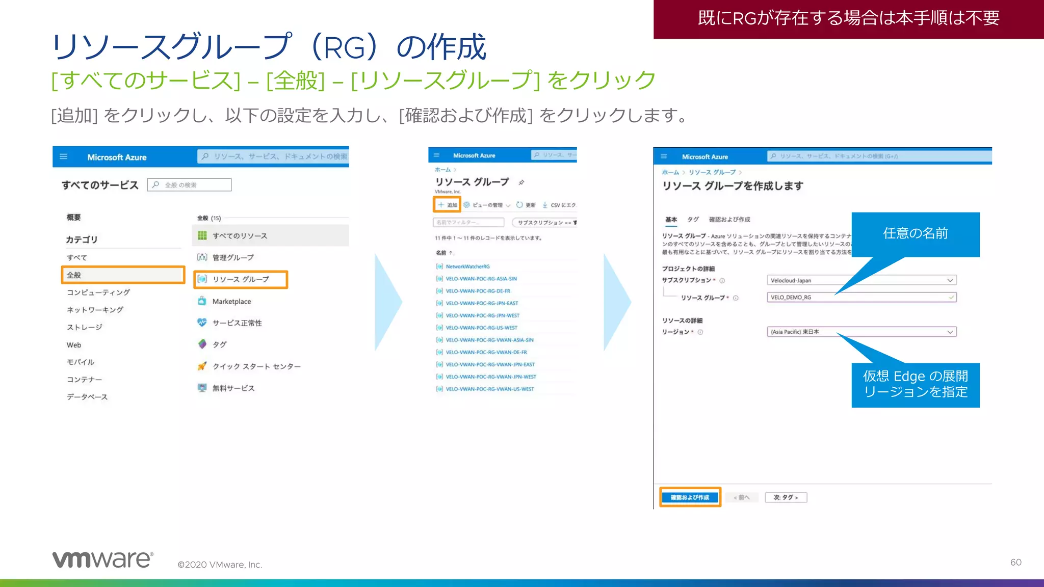 ©
リソースグループ（ ）の作成
すべてのサービス 全般 リソースグループ をクリック
追加 をクリックし、以下の設定を入力し、 確認および作成 をクリックします。
既に が存在する場合は本手順は不要
任意の名前
仮想 Edge の展開
リージョンを指定
 