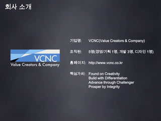 회사 소개기업명: VCNC(Value Creators & Company)조직원: 5명(경영/기획 1명, 개발 3명, 디자인 1명)홈페이지: http://www.vcnc.co.kr핵심가치: Found on CreativityBuild with DifferentiationAdvance through ChallengerProsper by Integrity