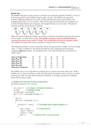VISUAL C++ PROGRAMMING VC++ 
Bubble Sort 
The bubble sort gets its name because as elements are sorted they gradually bubble (or rise) to 
their proper positions, like bubbles rising in a glass of soda. The bubble sort repeatedly 
compares adjacent elements of an array, starting with the first and second elements, and 
swapping them if they are out of order. After the first and second elements are compared, the 
second and third elements are compared, and swapped if they are out of order. This process 
continues until the end of the list is reached. 
When the end is reached, the bubble sort returns to elements one and two and starts the process 
all over again. So, when does it stop? The bubble sort knows that it is finished when it 
examines the entire array and no swaps are needed (thus the list is in proper order). 
The bubble sort keeps track of the occurrence of swaps by the use of a flag. 
The table below follows an array of numbers before, during, and after a bubble sort for descending 
order. A pass is defined as one full trip through the array comparing and if necessary, 
swapping, adjacent elements. Several passes have to be made through the array before it is 
finally sorted. 
Array at beginning: 84 69 76 86 94 91 
After Pass #1: 84 76 86 94 91 69 
After Pass #2: 84 86 94 91 76 69 
After Pass #3: 86 94 91 84 76 69 
After Pass #4: 94 91 86 84 76 69 
After Pass #5 (done): 94 91 86 84 76 69 
The bubble sort is an easy algorithm to program, but it is slower than many other sorts. With a 
bubble sort, it is always necessary to make one final pass through the array to check to see that 
no swaps are made to ensure that the process is finished. In actuality, the process is finished 
before this last pass is made. 
// Bubble Sort Function for Descending Order 
void bubble_sort(apvector int array) 
{ 
int i, j, flag = 1; // set flag to 1 to begin initial pass 
int temp; // holding variable 
int arrayLength = array.length( ); 
for(i = 1; (i = arrayLength)  flag; i++) 
{ 
flag = 0; 
for (j=0; j  (arrayLength -1); j++) 
{ 
if (array[j+1]  array[j]) // ascending order simply changes to  
{ 
temp = array[j]; // swap elements 
array[j] = array[j+1]; 
array[j+1] = temp; 
flag = 1; // indicates that a swap occurred. 
rmmakaha@gmail.com 105 
} 
 