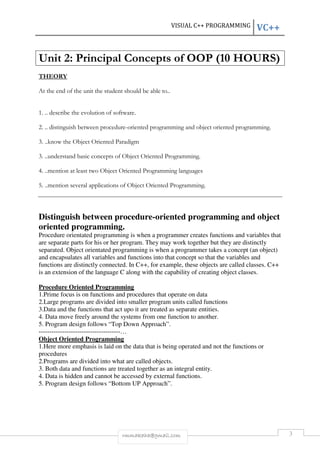 VISUAL C++ PROGRAMMING VC++ 
Unit 2: Principal Concepts of OOP (10 HOURS) 
rmmakaha@gmail.com 3 
THEORY 
At the end of the unit the student should be able to.. 
1. .. describe the evolution of software. 
2. .. distinguish between procedure-oriented programming and object oriented programming. 
3. ..know the Object Oriented Paradigm 
3. ..understand basic concepts of Object Oriented Programming. 
4. ..mention at least two Object Oriented Programming languages 
5. ..mention several applications of Object Oriented Programming. 
Distinguish between procedure-oriented programming and object 
oriented programming. 
Procedure orientated programming is when a programmer creates functions and variables that 
are separate parts for his or her program. They may work together but they are distinctly 
separated. Object orientated programming is when a programmer takes a concept (an object) 
and encapsulates all variables and functions into that concept so that the variables and 
functions are distinctly connected. In C++, for example, these objects are called classes. C++ 
is an extension of the language C along with the capability of creating object classes. 
Procedure Oriented Programming 
1.Prime focus is on functions and procedures that operate on data 
2.Large programs are divided into smaller program units called functions 
3.Data and the functions that act upo it are treated as separate entities. 
4. Data move freely around the systems from one function to another. 
5. Program design follows “Top Down Approach”. 
--------------------------------------… 
Object Oriented Programming 
1.Here more emphasis is laid on the data that is being operated and not the functions or 
procedures 
2.Programs are divided into what are called objects. 
3. Both data and functions are treated together as an integral entity. 
4. Data is hidden and cannot be accessed by external functions. 
5. Program design follows “Bottom UP Approach”. 
 