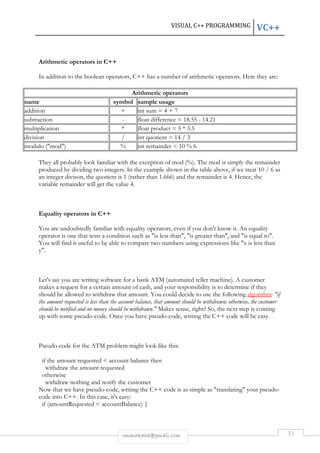 VISUAL C++ PROGRAMMING VC++ 
rmmakaha@gmail.com 33 
Arithmetic operators in C++ 
In addition to the boolean operators, C++ has a number of arithmetic operators. Here they are: 
Arithmetic operators 
name symbol sample usage 
addition + int sum = 4 + 7 
subtraction - float difference = 18.55 - 14.21 
multiplication * float product = 5 * 3.5 
division / int quotient = 14 / 3 
modulo ("mod") % int remainder = 10 % 6 
They all probably look familiar with the exception of mod (%). The mod is simply the remainder 
produced by dividing two integers. In the example shown in the table above, if we treat 10 / 6 as 
an integer divison, the quotient is 1 (rather than 1.666) and the remainder is 4. Hence, the 
variable remainder will get the value 4. 
Equality operators in C++ 
You are undoubtedly familiar with equality operators, even if you don't know it. An equality 
operator is one that tests a condition such as "is less than", "is greater than", and "is equal to". 
You will find it useful to be able to compare two numbers using expressions like "x is less than 
y". 
Let's say you are writing software for a bank ATM (automated teller machine). A customer 
makes a request for a certain amount of cash, and your responsibility is to determine if they 
should be allowed to withdraw that amount. You could decide to use the following algorithm: "if 
the amount requested is less than the account balance, that amount should be withdrawn; otherwise, the customer 
should be notified and no money should be withdrawn." Makes sense, right? So, the next step is coming 
up with some pseudo-code. Once you have pseudo-code, writing the C++ code will be easy. 
Pseudo-code for the ATM problem might look like this: 
if the amount requested < account balance then 
withdraw the amount requested 
otherwise 
withdraw nothing and notify the customer 
Now that we have pseudo-code, writing the C++ code is as simple as "translating" your pseudo-code 
into C++. In this case, it's easy: 
if (amountRequested < accountBalance) { 
 