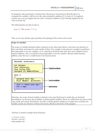 So being the value returned by a function the value giv 
evaluated, the variable z will be set to the value returned by 
another way, you can imagine that the call to a function ( 
value it returns (8). 
The following line of code in main is: 
cout  The result is   z; 
given to the function call itself when it is 
That, as you may already expect, produces the printing of the result on the screen. 
Scope of variables 
The scope of variables declared within a function or any other 
their own block and cannot be used outside of them. For example, in the previous example it would have 
been impossible to use the variables 
function addition. Also, it would have been impossible to use the variable 
addition, since this was a variable local to the function 
Therefore, the scope of local variables is limited to the same block level in which they a 
Nevertheless, we also have the possibility to declare global variables; These are visible from any point of the 
code, inside and outside all functions. In order to declare global variables you simply have to declare the 
variable outside any function or block; that means, directly in the body of the program. 
And here is another example about functions: 
// function example 
#include iostream 
using namespace std; 
VISUAL C++ PROGRAMMING 
rmmakaha@gmail.com 
addition (5, 3), that is 
addition (5,3)) is literally replaced by the 
inner block is only their own function or 
a, b or r directly in function main since they were variables local to 
. z directly within function 
, main. 
nction VC++ 
73 
en , 8. To explain it 
) are declared. 
 