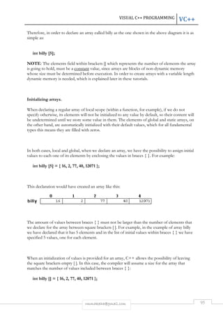 Therefore, in order to declare an array called 
simple as: 
int billy [5]; 
billy as the one shown in the above diagram it is as 
NOTE: The elements field within brackets 
is going to hold, must be a constant 
whose size must be determined before execution. In order to create arrays with a variable length 
dynamic memory is needed, which is explained later in these tutorials. 
Initializing arrays. 
[] which represents the number of elements the array 
value, since arrays are blocks of non-dynamic memory 
When declaring a regular array of local scope (within a function, for example), if we do not 
specify otherwise, its elements will not be initialized to any value by default, so their content will 
be undetermined until we store some v 
value in them. The elements of global and static arrays, on 
the other hand, are automatically initialized with their default values, which for all fundamental 
types this means they are filled with zeros. 
In both cases, local and global, when we declare an 
values to each one of its elements by enclosing the values in braces 
int billy [5] = { 16, 2, 77, 40, 12071 }; 
array, we have the possibility to assign initial 
This declaration would have created an array like this: 
The amount of values between braces 
we declare for the array between square brackets 
we have declared that it has 5 elements and in the list of initial values within 
specified 5 values, one for each element. 
When an initialization of values is provided for an array, C++ allows the possibility of leaving 
the square brackets empty [ ]. In this case, the compiler will assume a size for the array that 
matches the number of values included between braces 
int billy [] = { 16, 2, 77, 40, 12071 }; 
VISUAL C++ PROGRAMMING 
rmmakaha@gmail.com 
{ }. For example: 
{ } must not be larger than the number of elements that 
[ ]. For example, in the example of array 
braces 
. { }: 
VC++ 
95 
alue . . billy 
{ } we have 
 