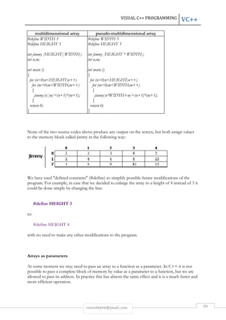multidimensional array 
#define WIDTH 5 
#define HEIGHT 3 
int jimmy [HEIGHT][WIDTH]; 
int n,m; 
int main () 
{ 
for (n=0;nHEIGHT;n++) 
for (m=0;mWIDTH;m++) 
{ 
jimmy[n][m]=(n+1)*(m+1); 
} 
return 0; 
} 
VISUAL C++ PROGRAMMING 
pseudo-multidimensional array 
#define WIDTH 5 
#define HEIGHT 3 
int jimmy [HEIGHT * WIDTH]; 
int n,m; 
int main () 
{ 
for (n=0;nHEIGHT;n++) 
for (m=0;mWIDTH;m++) 
{ 
jimmy[n*WIDTH+m]=(n+1)*(m+1); 
} 
return 0; 
} 
None of the two source codes abo 
to the memory block called jimmy in the following way: 
above produce any output on the screen, but both assign values 
We have used defined constants ( 
program. For example, in case that we decided 
could be done simply by changing the line: 
#define HEIGHT 3 
to: 
#define HEIGHT 4 
(#define) to simplify possible future modifications of the 
to enlarge the array to a height of 4 instead of 3 it 
with no need to make any other modifications to the program. 
Arrays as parameters 
At some moment we may need to pass 
an array to a function as a parameter. In C++ it is not 
possible to pass a complete block of memory by value as a parameter to a function, but we are 
allowed to pass its address. In practice this has almost the same effect and it is a much faster and 
more efficient operation. 
rmmakaha@gmail.com 
VC++ 
99 
ve )  
