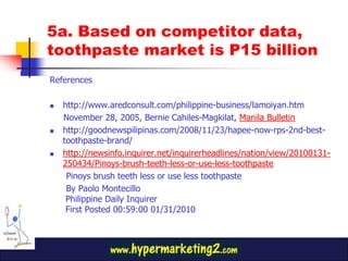 5a. Based on competitor data,
toothpaste market is P15 billion
References

   http://www.aredconsult.com/philippine-business/lamoiyan.htm
    November 28, 2005, Bernie Cahiles-Magkilat, Manila Bulletin
   http://goodnewspilipinas.com/2008/11/23/hapee-now-rps-2nd-best-
    toothpaste-brand/
   http://newsinfo.inquirer.net/inquirerheadlines/nation/view/20100131-
    250434/Pinoys-brush-teeth-less-or-use-less-toothpaste
     Pinoys brush teeth less or use less toothpaste
     By Paolo Montecillo
     Philippine Daily Inquirer
     First Posted 00:59:00 01/31/2010
 
