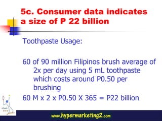 5c. Consumer data indicates
a size of P 22 billion

Toothpaste Usage:

60 of 90 million Filipinos brush average of
   2x per day using 5 mL toothpaste
   which costs around P0.50 per
   brushing
60 M x 2 x P0.50 X 365 = P22 billion
 