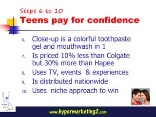 Steps 6 to 10
Teens pay for confidence

6.    Close-up is a colorful toothpaste
      gel and mouthwash in 1
7.    Is priced 10% less than Colgate
      but 30% more than Hapee
8.    Uses TV, events & experiences
9.    Is distributed nationwide
10.   Uses niche approach to win
 