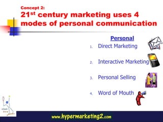Concept 2:
21st century marketing uses 4
modes of personal communication
                         Personal
               1.   Direct Marketing

               2.   Interactive Marketing

               3.   Personal Selling

               4.   Word of Mouth
 