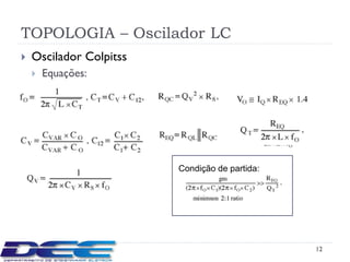TOPOLOGIA – Oscilador LC
   Oscilador Colpitss
       Equações:




                         Condição de partida:




                                                12
 
