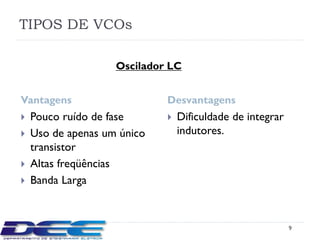 TIPOS DE VCOs

                    Oscilador LC


Vantagens                    Desvantagens
   Pouco ruído de fase         Dificuldade de integrar
   Uso de apenas um único       indutores.
    transistor
   Altas freqüências
   Banda Larga



                                                           9
 