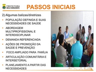 PASSOS INICIAIS
2) Algumas balizas/diretrizes
 POPULAÇÃO DEFINIDA E SUAS
  NECESSIDADES DE SAÚDE
 ABORDAGEM
  MULTIPROFISSIONAL E
  INTERDISCIPLINAR
 DEMANDA REFERENCIADA
 AÇÕES DE PROMOÇÃO DA
  SAÚDE E PREVENÇÃO
   FOCO AMPLIADO PARA FAMÍLIA
 ARTICULAÇÃO COMUNITÁRIA E
  INTERSETORIAL
 PLANEJAMENTO A PARTIR DAS
  NECESSIDADES
 