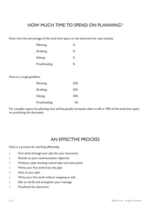 HOW MUCH TIME TO SPEND ON PLANNING?

Enter here the percentage of the total time spent on the document for each activity:

                      Planning:                      %

                      Drafting:                      %

                      Editing:                       %

                      Proofreading:                  %



Here is a rough guideline:

                      Planning:                      25%

                      Drafting:                      25%

                      Editing:                       45%

                      Proofreading:                   5%

For complex topics the planning time will be greatly increased, often to 60 or 70% of the total time spent
on producing the document.




                                  AN EFFECTIVE PROCESS
Here is a process for working effectively:

»      First think through your plan for your document
»      Decide on your communication objective
»      Produce a plan showing central idea and main points
»      Write your first draft from the plan
»      Stick to your plan
»      Write your first draft without stopping to edit
»      Edit to clarify and strengthen your message
»      Proofread the document



p. 2                                                                               ©Vetali.com - all rights reserved
 