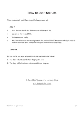 HOW TO USE MIND MAPS

These are especially useful if you have difficulty getting started.



     STEP 1
»         Start with the central idea -write it in the middle of the box.

»         Use one to five words ONLY.

»         Think about your reader.

»         Ask, “What do I want the reader gain from this communication?” Explain the effect you want to
          have on the reader. Your answers become your communication objective(s).



     EXAMPLE


For this central idea, your communication objectives might be as follows:

1. The client will understand where the project is now.

2. The client will feel confident and reassured by our progress.




                                    In the middle of the page write your central idea:

                                              status report for client




©Vetali.com - all rights reserved                                                                         p. 5
 