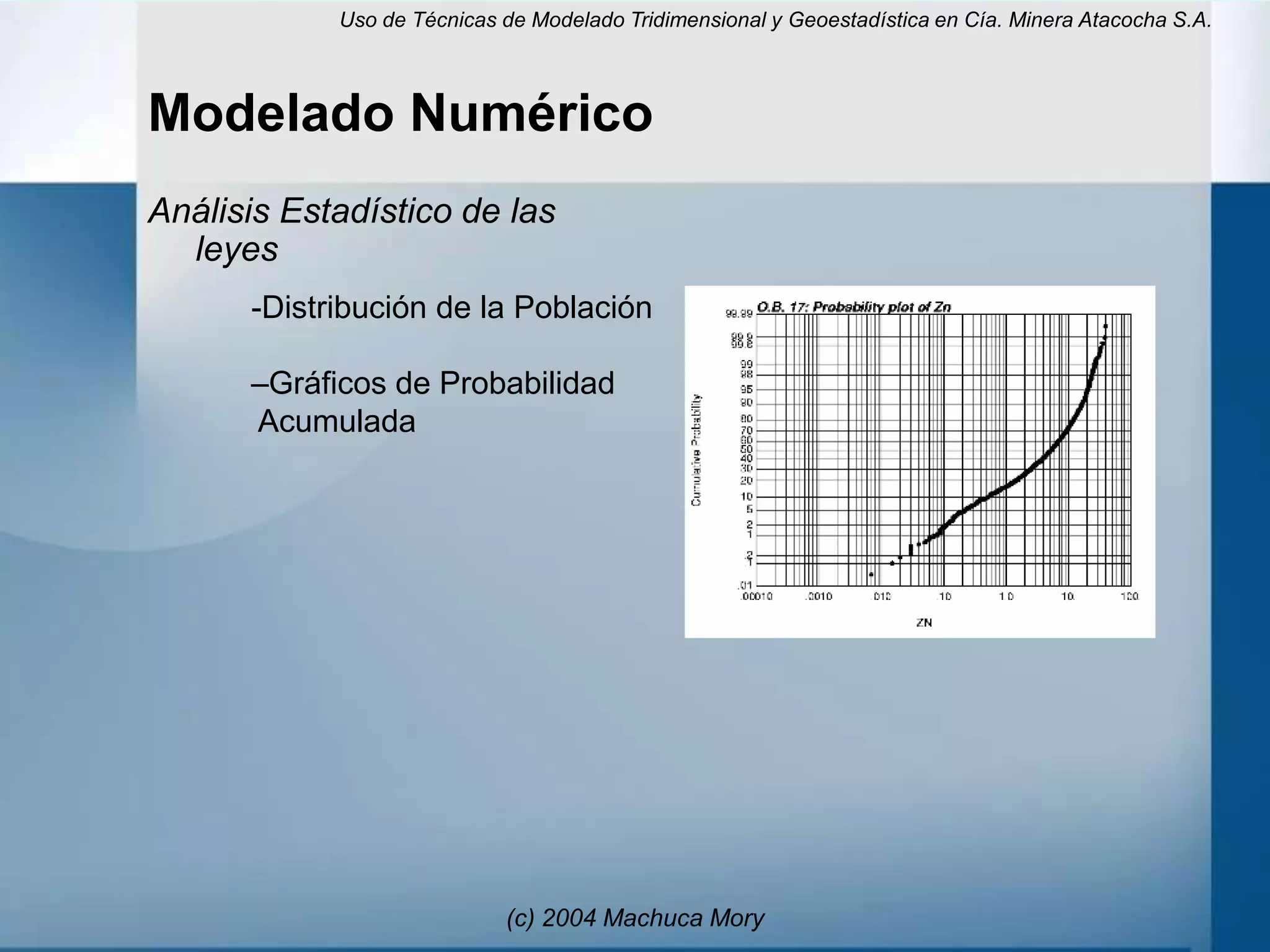 Uso de Técnicas de Modelado Tridimensional y Geoestadística en Cía. Minera Atacocha S.A.



Modelado Numérico
Análisis Estadístico de las
  leyes
      -Distribución de la Población

      –Gráficos de Probabilidad
      Acumulada




                            (c) 2004 Machuca Mory
 