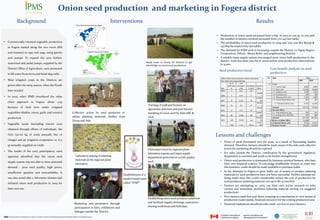 Onion seed production  and marketing in Fogera district 
              Background                                                                                                       Interventions                                                                                                                  Results 

                                                                                                                                                                                                              • Production of onion seeds increased from 0.6qt. in 2005 to 205 qt. in 2011 and
                                                                                                                                                                                                                the number of farmers involved increased from 3 to 145 (see table)
• Commercially‐oriented vegetable production                                                                                                                                                                  • The profitability of onion seed production in 2009 and 2010 was Birr 83,636 &
  in Fogera started along the two rivers (Rib                                                                                                                                                                   147,669/ha respectively (see table)
                                                                                                                                                                                                              • The demand for FOSP seed is increasing outside the District i.e Tigray Region
  and Gumara) in 1997 and 1999, using gravity                                                                                                                                                                   Cooperatives, Etfruit, Shewa Robit and neighbouring districts
  and pumps. To expand the area further,                                                                                                                                                                      • A reliable input supply system encouraged more onion bulb production in the
                                                                                                                                                                                                                district‐ from less than 1000 ha of onion before seed production interventions
  motorized and pedal pumps, supplied by the                                                                                                              Study tours to Zeway for farmers to get
                                                                                                                                                          knowledge on onion seed production                    to 4,900.
  District Office of Agriculture, were promoted                                                                                                                                                                                                                                Cost benefit analysis on seed
                                                                                                                                                                                                                Seed production trend
  to lift water from rivers and hand‐dug wells                                                                                                                                                                                                                                 production
                                                                                                                                                                                                                 Table:1 Onion seed production trends and income          No       Item                                       Years
• Most irrigated crops in the Districts are                                                                                                                                                                      from 2005‐2011 Fogera Woreda                                                                       2009         2010
                                                                                                                                                                                                                            No of       Area                               1       Costs
  grown after the rainy season, when the floods                                                                                                                                                                           participan coverage in  Production  Income 
                                                                                                                                                                                                                                                                                   1.1. Costs of land                       8,000     8,000
                                                                                                                                                                                                                 Year         ts         (Ha)       in (Q/l)   (Birr)
                                                                                                                                                                                                                                                                                   1.2. Seed costs                         20,506    26,600
  have receded                                                                                                                                                                                                   2005         3         0.12          0.6
                                                                                                                                                                                                                                                                                   1.3. Fertilizer costs                    2,448     3,182
                                                                                                                                                                                                                                                               150,00
                                                                                                                                                                                                                                                                                   1.4. Pesticide costs                       240       360
                                                                                                                                                                                                                 2006         3         0.75            6             0
• In 2005, when IPMS introduced the value                                                                                                                                                                                                                     1,050,0
                                                                                                                                                                                                                                                                                   1.5. Watering (fuel) costs               1,262     1,893
                                                                                                                                                                                                                 2007         27        12.35          70          00              1.6. Annual depreciation costs             907       907
  chain approach in Fogera, about 1,135                                                                                                                                                                                                                        459,00                1.7. Estimated labour costs            9,752    13,653
                                                                                                                                                               Training of staff and farmers on                  2009         16          6.5          27             0
  hectares of              land were under irrigated                                                                                                                                                                                                           702,00              Subtotal                                43,114    54,595
                                                                                                                                                               agronomic practices and post harvest              2009         17        6.75           39             0        2   Revenue (Birr)
  vegetables (shallot, onion, garlic and tomato)                                             Collective action by seed producers to                            handling of onion seed by Adet ARC &                                                           3,400,0              2.1. Total production (kg)              650          524
                                                                                                                                                                                                                 2010         89        16.88          88          00              2.2. Average price (Birr/Kg)            195          386
  production                                                                                 utilize planting materials (bulbs) from                           OoA                                                                                            6,560,0              Subtotal                            126,750      202,264
                                                                                             Zeway and Afar                                                                                                      2011        145        33.78         205          00          3   Return to labour (Birr)              93,388
                                                                                                                                                                                                                                                              12,321,          4   Estimated labour costs                9,752       13,653
• Vegetable seeds (including onion) were                                                                                                                                                                                     Total      77.13        435.6        000          5   Profit per hectare                   83,636      147,669

  obtained through efforts of individuals, the
  OoA (50‐60 kg of seeds annually free of                                                                                                                                                                     Lessons and challenges
  charge) and an irrigation cooperative i.e. 6‐7
                                                                                                                                                                                                                • Prices of seeds fluctuated over the years, as a result of fluctuating market
  qt annually, supplied on credit                                                                                                                                                                                 demand. Therefore, farmers should be made aware of the risks and collective
                                                                                                                                                               Field supervision by regional plant                action for marketing should be explored
• The results of the 2005 participatory rural
                                                                                                                                                               laboratory experts and input supply              • For sales outside the District, certification by the government regulatory
  appraisal identified that the onion seed                                                       Laboratory testing of planting                                                                                   department is essential and needs to be further strengthened
                                                                                                                                                               department personnel to certify quality 
                                                                                                 materials at the regional plant                                                                                • Onion seed production is dominated by business oriented farmers, who have
  supply system was not able to meet potential                                                                                                                 seed.
                                                                                                 laboratory                                                                                                       their own financial sources. To encourage smallholder farmers to enter into
  demand ‐ poor seed quality, high prices,                                                                                                                                                                        this business, credit should be made available to purchase bulbs
  insufficient quantity and unavailability. It                                                                                                                                                                  • So far, attempts in Fogera to grow bulbs out of season to produce planting
                                                                                                                                         Establishment of a                                                       materials for seed production have not been successful. Further attempts are
  was also noted that 2 innovative farmers had                                                                                           market brand name                                                        being made since this could considerably reduce the cost of production for
                                                                                                                                         called “FOSP”                                                            seed producers (planting material cost up to Bir 30,000/ha)
  initiated onion seed production in 2004 for
                                                                                                                                                                                                                • Farmers are attempting to carry out their own action research to solve
  their own use.                                                                                                                                                                                                  current and immediate problems (planting material owning via staggered
                                                                                                                                                                                                                  production)
                                                                                                                                                                                                                • Poor farmers used first year share cropping as a mechanism to own means of
                                                                                                                                                               Establishing onion seed producers platform 
                                                                                                                                                                                                                  production (water pump, financial resource) for the coming production year
                                                                                               Marketing and promotion through                                 and facilitate regular meetings, experience 
                                                                                                                                                                                                                • Financial institutions should provide credit services to poor farmers.
                                                                                               participation in fairs, exhibitions and                         sharing workshops and field days  
                                                                                               linkages outside the District.
   This document is licensed for use under a Creative Commons Attribution‐Noncommercial‐Share Alike 3.0 Unported License.
 