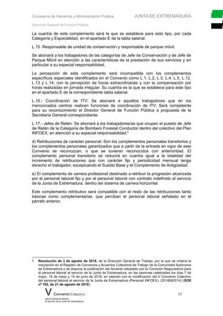 Consejería de Hacienda y Administración Pública JUNTA DE EXTREMADURA
Dirección General de Función Pública
La cuantía de este complemento será la que se establece para este tipo, por cada
Categoría y Especialidad, en el apartado E de la tabla salarial.
L.15. Responsable de unidad de conservación y responsable de parque móvil.
Se abonará a los trabajadores de las categorías de Jefe de Conservación y de Jefe de
Parque Móvil en atención a las características de la prestación de sus servicios y en
particular a su especial responsabilidad.
La percepción de este complemento será incompatible con los complementos
específicos especiales identificados en el Convenio como L.1, L.2, L.3, L.4, L.5, L.12,
L.13 y L.14, con la percepción de horas extraordinarias y con la compensación por
horas realizadas en jornada irregular. Su cuantía es la que se establece para este tipo
en el apartado E de la correspondiente tabla salarial.
L.16.- Coordinación de ITV: Se abonará a aquellos trabajadores que en los
mencionados centros realicen funciones de coordinación de ITV. Será competente
para su reconocimiento el Director General de Función Pública a propuesta de la
Secretaría General correspondiente.
L.17.- Jefes de Retén: Se abonará a los trabajadores/as que ocupen el puesto de Jefe
de Retén de la Categoría de Bombero Forestal Conductor dentro del colectivo del Plan
INFOEX, en atención a su especial responsabilidad.5
d) Retribuciones de carácter personal: Son los complementos personales transitorios y
los complementos personales garantizados que a partir de la entrada en vigor de este
Convenio se reconozcan, o que se tuvieran reconocidos con anterioridad. El
complemento personal transitorio se reducirá en cuantía igual a la totalidad del
incremento de retribuciones que con carácter fijo y periodicidad mensual tenga
derecho el trabajador, exceptuando el Sueldo Base y el Complemento de Antigüedad.
e) El complemento de carrera profesional destinado a retribuir la progresión alcanzada
por el personal laboral fijo y por el personal laboral con contrato indefinido al servicio
de la Junta de Extremadura, dentro del sistema de carrera horizontal.
Este complemento retributivo será compatible con el resto de las retribuciones tanto
básicas como complementarias, que perciban el personal laboral señalado en el
párrafo anterior.
5 Resolución de 3 de agosto de 2018, de la Dirección General de Trabajo, por la que se ordena la
inscripción en el Registro de Convenios y Acuerdos Colectivos de Trabajo de la Comunidad Autónoma
de Extremadura y se dispone la publicación del Acuerdo adoptado por la Comisión Negociadora para
el personal laboral al servicio de la Junta de Extremadura, en las sesiones celebradas los días 7 de
mayo, 18 de mayo y 19 de junio de 2018, en relación con la modificación del V Convenio Colectivo
del personal laboral al servicio de la Junta de Extremadura (Personal INFOEX). (2018062014) (DOE
nº 162, de 21 de agosto de 2018).
V Convenio Colectivo 15
para el personal laboral
al servicio de la Junta de Extremadura
 