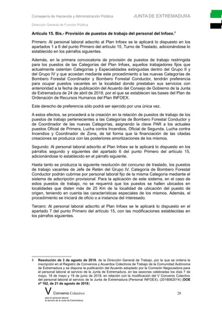 Consejería de Hacienda y Administración Pública JUNTA DE EXTREMADURA
Dirección General de Función Pública
Artículo 15. Bis.- Provisión de puestos de trabajo del personal del Infoex.8
Primero: Al personal laboral adscrito al Plan Infoex se le aplicará lo dispuesto en los
apartados 1 a 6 del punto Primero del artículo 15, Turno de Traslado, adicionándose lo
establecido en los párrafos siguientes.
Además, en la primera convocatoria de provisión de puestos de trabajo restringida
para los puestos de las Categorías del Plan Infoex, aquellos trabajadores fijos que
actualmente ostentan Categorías y Especialidades extinguidas dentro del Grupo II y
del Grupo IV y que accedan mediante este procedimiento a las nuevas Categorías de
Bombero Forestal Coordinador y Bombero Forestal Conductor, tendrán preferencia
para ocupar puestos vacantes en la localidad donde prestaban sus servicios con
anterioridad a la fecha de publicación del Acuerdo del Consejo de Gobierno de la Junta
de Extremadura de 24 de abril de 2018, por el que se establecen las bases del Plan de
Ordenación de Recursos Humanos del Plan INFOEX.
Este derecho de preferencia sólo podrá ser ejercido por una única vez.
A estos efectos, se procederá a la creación en la relación de puestos de trabajo de los
puestos de trabajo pertenecientes a las Categorías de Bombero Forestal Conductor y
de Coordinador de las nuevas Categorías, asignando la clave PAR a los actuales
puestos Oficial de Primera, Lucha contra Incendios, Oficial de Segunda, Lucha contra
Incendios y Coordinador de Zona, de tal forma que la financiación de las citadas
creaciones se produzca con las posteriores amortizaciones de los mismos.
Segundo: Al personal laboral adscrito al Plan Infoex se le aplicará lo dispuesto en los
párrafos segundo y siguientes del apartado 6 del punto Primero del artículo 15,
adicionándose lo establecido en el párrafo siguiente.
Hasta tanto se produzca la siguiente resolución del concurso de traslado, los puestos
de trabajo vacantes de Jefe de Retén del Grupo IV, Categoría de Bombero Forestal
Conductor podrán cubrirse por personal laboral fijo de la misma Categoría mediante el
sistema de adscripción provisional. Para la aplicación de este sistema, en el caso de
estos puestos de trabajo, no se requerirá que los puestos se hallen ubicados en
localidades que disten más de 25 Km de la localidad de ubicación del puesto de
origen, teniendo en cuenta las características especiales de los mismos. Además, el
procedimiento se iniciará de oficio o a instancia del interesado.
Tercero: Al personal laboral adscrito al Plan Infoex se le aplicará lo dispuesto en el
apartado 7 del punto Primero del artículo 15, con las modificaciones establecidas en
los párrafos siguientes.
8 Resolución de 3 de agosto de 2018, de la Dirección General de Trabajo, por la que se ordena la
inscripción en el Registro de Convenios y Acuerdos Colectivos de Trabajo de la Comunidad Autónoma
de Extremadura y se dispone la publicación del Acuerdo adoptado por la Comisión Negociadora para
el personal laboral al servicio de la Junta de Extremadura, en las sesiones celebradas los días 7 de
mayo, 18 de mayo y 19 de junio de 2018, en relación con la modificación del V Convenio Colectivo
del personal laboral al servicio de la Junta de Extremadura (Personal INFOEX). (2018062014) (DOE
nº 162, de 21 de agosto de 2018)
V Convenio Colectivo 28
para el personal laboral
al servicio de la Junta de Extremadura
 