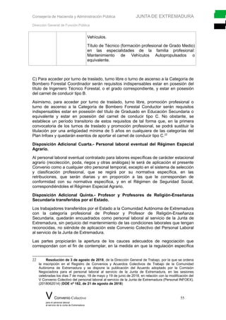 Consejería de Hacienda y Administración Pública JUNTA DE EXTREMADURA
Dirección General de Función Pública
Vehículos.
Título de Técnico (formación profesional de Grado Medio)
en las especialidades de la familia profesional:
Mantenimiento de Vehículos Autopropulsados o
equivalente.
C) Para acceder por turno de traslado, turno libre o turno de ascenso a la Categoría de
Bombero Forestal Coordinador serán requisitos indispensables estar en posesión del
título de Ingeniero Técnico Forestal, o el grado correspondiente, y estar en posesión
del carnet de conducir tipo B.
Asimismo, para acceder por turno de traslado, turno libre, promoción profesional o
turno de ascenso a la Categoría de Bombero Forestal Conductor serán requisitos
indispensables estar en posesión del título de Graduado en Educación Secundaria o
equivalente y estar en posesión del carnet de conducir tipo C. No obstante, se
establece un período transitorio de estos requisitos de tal forma que, en la primera
convocatoria de los turnos de traslado y promoción profesional, se podrá sustituir la
titulación por una antigüedad mínima de 5 años en cualquiera de las categorías del
Plan Infoex y quedarán exentos de aportar el carnet de conducir tipo C.22
Disposición Adicional Cuarta.- Personal laboral eventual del Régimen Especial
Agrario.
Al personal laboral eventual contratado para labores específicas de carácter estacional
agrario (recolección, poda, riegos y otras análogas) le será de aplicación el presente
Convenio como a cualquier otro personal temporal, excepto en el sistema de selección
y clasificación profesional, que se regirá por su normativa específica, en las
retribuciones, que serán diarias y en proporción a las que le correspondan de
conformidad con su normativa específica, y en el Régimen de Seguridad Social,
correspondiéndoles el Régimen Especial Agrario.
Disposición Adicional Quinta.- Profesor y Profesores de Religión-Enseñanza
Secundaria transferidos por el Estado.
Los trabajadores transferidos por el Estado a la Comunidad Autónoma de Extremadura
con la categoría profesional de Profesor y Profesor de Religión-Enseñanza
Secundaria, quedarán encuadrados como personal laboral al servicio de la Junta de
Extremadura, sin perjuicio del mantenimiento de las condiciones laborales que tengan
reconocidas, no siéndole de aplicación este Convenio Colectivo del Personal Laboral
al servicio de la Junta de Extremadura.
Las partes propiciarán la apertura de los cauces adecuados de negociación que
correspondan con el fin de contemplar, en la medida en que la regulación específica
22 Resolución de 3 de agosto de 2018, de la Dirección General de Trabajo, por la que se ordena
la inscripción en el Registro de Convenios y Acuerdos Colectivos de Trabajo de la Comunidad
Autónoma de Extremadura y se dispone la publicación del Acuerdo adoptado por la Comisión
Negociadora para el personal laboral al servicio de la Junta de Extremadura, en las sesiones
celebradas los días 7 de mayo, 18 de mayo y 19 de junio de 2018, en relación con la modificación del
V Convenio Colectivo del personal laboral al servicio de la Junta de Extremadura (Personal INFOEX).
(2018062014) (DOE nº 162, de 21 de agosto de 2018)
V Convenio Colectivo 55
para el personal laboral
al servicio de la Junta de Extremadura
 