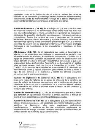 Consejería de Hacienda y Administración Pública JUNTA DE EXTREMADURA
Dirección General de Función Pública
confección como en la distribución de los mismos, elabora los partes de
consumo de los suministros y se encarga de las funciones de abastecimiento y
conservación, cuida del mantenimiento y utillaje de la cocina, organizando y
supervisando las labores encomendadas al personal a su cargo.
Auxiliar de Enfermería (C.D. 16): Es el trabajador/a que realiza las funciones
de asistencia y atención a los beneficiarios en las tareas de la vida diaria que
éste no pueda realizar por sí mismo. Atiende el aseo personal, las necesidades
fisiológicas, la recepción, distribución, administración y retirada de comidas a
incapacitados. Realiza los cambios de cama y posturales de los usuarios
encamados. Prepara y limpia el material y aparatos clínicos y administra los
medicamentos tópicos y orales, previamente preparados por el A.T.S. o médico,
prescritos de acuerdo con su capacitación técnica y, otros trabajos análogos.
Acompaña a los beneficiarios a los ambulatorios y hospitales, si fuera
necesario.
ATE-Cuidador (C.D. 16): Es el trabajador/a que asiste al beneficiario en
relación con las tareas de su vida diaria que no tengan carácter sanitario y que
no pueda realizar por sí mismo a causa de su discapacidad. Colabora con el
equipo de profesionales (profesor, educador) en tareas no especializadas que
tengan como fin propiciar la formación y la autonomía personal, de la que serán
responsables dichos profesionales. Acompaña a los beneficiarios en salidas,
rutas escolares, paseos, gestiones, juegos y tiempo libre en general. En los
C.A.M.P. y C.O. en casos excepcionales, en ausencia del A.T.S., administra los
medicamentos orales y tópicos preparados previamente por éste y remite la
ropa de uso personal a la lavandería y realiza los cambios posturales
preventivos que le sean encomendados.
Vigilante de Explotación de Carreteras (C.D. 16): Es el trabajador/a que
tiene como misión la vigilancia de las zonas de influencia de la carretera, así
como la emisión de informes para permisos por la realización de obras de
colindantes y denuncias por incumplimientos de la normativa vigente, además
de la realización de aforos e informes sobre el estado de las carreteras y
cualquier otra análoga.
Auxiliar de Administración (C.D. 16): Es el trabajador/a que realiza tareas
que consisten en operaciones repetitivas o simples relativas al trabajo de
oficina. Deberá poseer los conocimientos prácticos adecuados.
Auxiliar de Laboratorio (C.D. 16): Es el trabajador/a que, con conocimientos
teóricos-prácticos necesarios, está capacitado para realizar trabajos sencillos y
repetitivos de laboratorio, tales como operaciones preliminares,
complementarias o auxiliares de las que constituyen propiamente los
procedimientos de ensayo completo, debiendo colaborar al mantenimiento, en
perfecto estado, del material y equipo del laboratorio.
V Convenio Colectivo 75
para el personal laboral
al servicio de la Junta de Extremadura
 