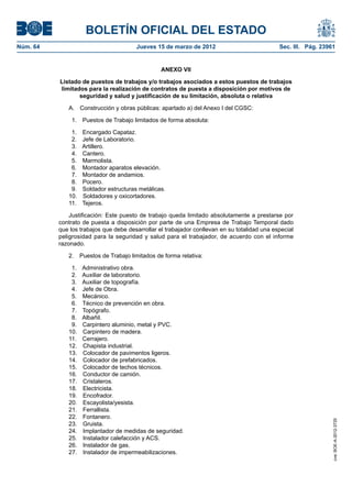 BOLETÍN OFICIAL DEL ESTADO
Núm. 64	                                Jueves 15 de marzo de 2012	                            Sec. III. Pág. 23961


                                                  ANEXO VII

           Listado de puestos de trabajos y/o trabajos asociados a estos puestos de trabajos
           limitados para la realización de contratos de puesta a disposición por motivos de
                  seguridad y salud y justificación de su limitación, absoluta o relativa

              A.	 Construcción y obras públicas: apartado a) del Anexo I del CGSC:

                1.  Puestos de Trabajo limitados de forma absoluta:

                1.  Encargado Capataz.
                2.  Jefe de Laboratorio.
               3.  Artillero.
               4.  Cantero.
               5.  Marmolista.
                6.  Montador aparatos elevación.
                7.  Montador de andamios.
               8.  Pocero.
                9.  Soldador estructuras metálicas.
              10.  Soldadores y oxicortadores.
              11. Tejeros.

               Justificación: Este puesto de trabajo queda limitado absolutamente a prestarse por
           contrato de puesta a disposición por parte de una Empresa de Trabajo Temporal dado
           que los trabajos que debe desarrollar el trabajador conllevan en su totalidad una especial
           peligrosidad para la seguridad y salud para el trabajador, de acuerdo con el informe
           razonado.

              2.  Puestos de Trabajo limitados de forma relativa:

                1.  Administrativo obra.
                2.  Auxiliar de laboratorio.
                3.  Auxiliar de topografía.
                4.  Jefe de Obra.
               5.  Mecánico.
                6.  Técnico de prevención en obra.
               7.  Topógrafo.
               8.  Albañil.
                9.  Carpintero aluminio, metal y PVC.
              10.  Carpintero de madera.
              11. Cerrajero.
              12.  Chapista industrial.
              13.  Colocador de pavimentos ligeros.
              14.  Colocador de prefabricados.
              15.  Colocador de techos técnicos.
              16.  Conductor de camión.
              17. Cristaleros.
              18. Electricista.
              19. Encofrador.
              20. Escayolista/yesista.
              21. Ferrallista.
              22. Fontanero.
                                                                                                                 cve: BOE-A-2012-3725




              23. Gruista.
              24.  Implantador de medidas de seguridad.
              25.  Instalador calefacción y ACS.
              26.  Instalador de gas.
              27.  Instalador de impermeabilizaciones.
 