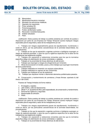 BOLETÍN OFICIAL DEL ESTADO
Núm. 64	                                 Jueves 15 de marzo de 2012	                                Sec. III. Pág. 23962


              28. Mampostero.
              29.  Mantenedor/mecánico industrial.
              30.  Montador de estructuras metálicas.
              31.  Operador de maquinaria.
              32.  Pintor señalista OC.
              33. Pintor/empapelador.
              34.  Pulidor abrillantador suelos.
              35.  Revocador revestidor/estuquista.
              36.  Solador alicatador.
              37. Peón.

               Justificación: Estos puestos de trabajo no podrán prestarse por contrato de puesta a
           disposición por parte de una Empresa de Trabajo Temporal cuando impliquen riesgos
           especiales para la seguridad y salud de los trabajadores por ser:

               1.  Trabajos con riesgos especialmente graves de sepultamiento, hundimiento o
           caída en altura, por las particulares características de la actividad desarrollada, los
           procedimientos.
               2.  Trabajos en los que la exposición a agentes químicos o biológicos supongan un
           riesgo de especial gravedad, o para los que la vigilancia específica de la salud de los
           trabajadores sea legalmente exigible.
               3.  Trabajos con exposición a radiaciones ionizantes para los que la normativa
           específica obliga a la delimitación de zonas controladas o vigiladas.
               4.  Trabajos en la proximidad de líneas eléctricas de alta tensión.
               5.  Trabajos que expongan a riesgos de ahogamiento por inmersión.
               6.  Obras de excavación en túneles, pozos y otros trabajos que supongan movimiento
           de tierra subterráneos.
               7.  Trabajos realizados en inmersión con equipos subacuáticos.
               8.  Trabajos realizados en cajones de aire comprimido.
               9.  Trabajos que impliquen el uso de explosivos.
               10.  Trabajos que requieran montar o desmontar elementos prefabricados pesados.

              B.	 Conservación y mantenimiento de carreteras y líneas férreas: apartado b) del
           Anexo I del CGSC:

              Puestos de Trabajo limitados de forma relativa:

              1.  Encargado y capataz.
              2.  Jefe COEX y Jefe de Operaciones.
              3.  Oficial 1ª, 2ª, ayudante de oficio, peón especializado, de conservación y mantenimiento.
              4.  Personal de vigilancia y seguridad.
              5.  Responsable de almacén.
              6. Piloto.

               Justificación: Estos puestos de trabajo no podrán prestarse por contrato de puesta a
           disposición por parte de una Empresa de Trabajo Temporal cuando impliquen riesgos
           especiales para la seguridad y salud de los trabajadores por ser:

               1.  Trabajos con riesgos especialmente graves de sepultamiento, hundimiento o
           caída en altura, por las particulares características de la actividad desarrollada, los
           procedimientos.
               2.  Trabajos en los que la exposición a agentes químicos o biológicos supongan un
                                                                                                                      cve: BOE-A-2012-3725




           riesgo de especial gravedad, o para los que la vigilancia específica de la salud de los
           trabajadores sea legalmente exigible.
               3.  Trabajos con exposición a radiaciones ionizantes para los que la normativa
           específica obliga a la delimitación de zonas controladas o vigiladas.
               4.  Trabajos en la proximidad de líneas eléctricas de alta tensión.
 