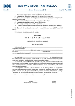 BOLETÍN OFICIAL DEL ESTADO
Núm. 64	                                                  Jueves 15 de marzo de 2012	                                                           Sec. III. Pág. 23966


               4.  Trabajos en la proximidad de líneas eléctricas de alta tensión.
               5.  Trabajos que expongan a riesgos de ahogamiento por inmersión.
               6.  Obras de excavación en túneles, pozos y otros trabajos que supongan movimiento
           de tierra subterráneos.
               7.  Trabajos realizados en inmersión con equipos subacuáticos.
               8.  Trabajos realizados en cajones de aire comprimido.
               9.  Trabajos que impliquen el uso de explosivos.
               10.  Trabajos que requieran montar o desmontar elementos prefabricados pesados.

             E.	 Comercio de construcción mayoritario y exclusivista: apartado e) del Anexo I del
           CGSC:

                 Permitidos en todos los puestos de trabajo.

                                                                        ANEXO VIII

                                               A la Comisión Paritaria Provincial/Estatal

                                                   Inaplicación de condiciones de trabajo

                                                                  Acta de desacuerdo

                 Datos de la Empresa ......................................................................................................
           Nombre o razón social .........................................................................................................
           CIF .............................................. Domicilio social ...............................................................
           Localidad .................................................................. Código Postal ...................................
           Convenio/s colectivo/s aplicable/s ........................................................................................
           ..............................................................................................................................................

               La Empresa ......................................................................... y su Representación de
           los Trabajadores, comunican que han finalizado sin acuerdo la inaplicación planteada de
           acuerdo al artículo 17.4 del Convenio Colectivo Sectorial Estatal.
               Se remite a la Comisión Paritaria la presente Acta junto con la solicitud de inaplicación
           que formula la empresa y la documentación correspondiente. Se envían asimismo, en su
           caso, las alegaciones que efectúa la Representación de los Trabajadores junto con la
           documentación aportada.
               Ambas partes, Empresa y Representación de los Trabajadores, se dirigen a la
           Comisión Paritaria para que ésta resuelva la inaplicación planteada, solicitando ambas
           partes, para el caso de que la Comisión no alcance acuerdo, someterse al Arbitraje
           Vinculante del correspondiente Servicio Interconfederal de Mediación y Arbitraje.

                 En .......................... a ............ de ............................. de ..............




                 	    Firmado	Firmado
                 	                          Representación Trabajadores	                                                   Empresa
                                                                                                                                                                  cve: BOE-A-2012-3725
 