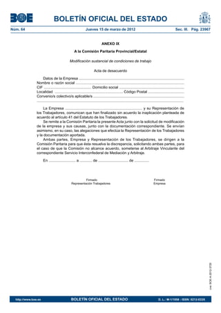 BOLETÍN OFICIAL DEL ESTADO
Núm. 64	                                                       Jueves 15 de marzo de 2012	                                                           Sec. III. Pág. 23967


                                                                              ANEXO IX

                                                    A la Comisión Paritaria Provincial/Estatal

                                               Modificación sustancial de condiciones de trabajo

                                                                       Acta de desacuerdo

                      Datos de la Empresa ......................................................................................................
                Nombre o razón social .........................................................................................................
                CIF .............................................. Domicilio social ...............................................................
                Localidad .................................................................. Código Postal ...................................
                Convenio/s colectivo/s aplicable/s ........................................................................................
                ..............................................................................................................................................

                     La Empresa ......................................................................... y su Representación de
                los Trabajadores, comunican que han finalizado sin acuerdo la inaplicación planteada de
                acuerdo al artículo 41 del Estatuto de los Trabajadores.
                     Se remite a la Comisión Paritaria la presente Acta junto con la solicitud de modificación
                de la empresa y sus causas, junto con la documentación correspondiente. Se envían
                asimismo, en su caso, las alegaciones que efectúa la Representación de los Trabajadores
                y la documentación aportada.
                     Ambas partes, Empresa y Representación de los Trabajadores, se dirigen a la
                Comisión Paritaria para que ésta resuelva la discrepancia, solicitando ambas partes, para
                el caso de que la Comisión no alcance acuerdo, someterse al Arbitraje Vinculante del
                correspondiente Servicio Interconfederal de Mediación y Arbitraje.

                       En .......................... a ............ de ............................. de ..............




                       	    Firmado	Firmado
                       	                         Representación Trabajadores	                                                   Empresa




                                                                                                                                                                         cve: BOE-A-2012-3725




  http://www.boe.es	                            BOLETÍN OFICIAL DEL ESTADO	                                                          D. L.: M-1/1958 - ISSN: 0212-033X
 