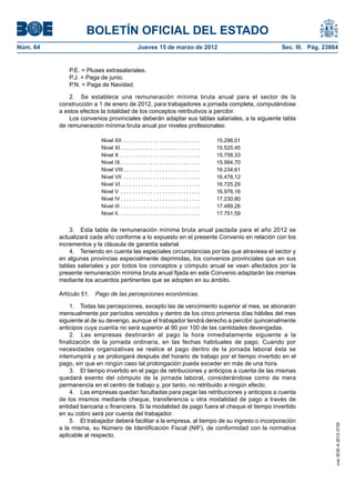 BOLETÍN OFICIAL DEL ESTADO
Núm. 64	                                          Jueves 15 de marzo de 2012	                            Sec. III. Pág. 23864


              P.E. = Pluses extrasalariales.
              P.J. = Paga de junio.
              P.N. = Paga de Navidad.

               2.  Se establece una remuneración mínima bruta anual para el sector de la
           construcción a 1 de enero de 2012, para trabajadores a jornada completa, computándose
           a estos efectos la totalidad de los conceptos retributivos a percibir.
               Los convenios provinciales deberán adaptar sus tablas salariales, a la siguiente tabla
           de remuneración mínima bruta anual por niveles profesionales:

                           Nivel XII . . . . . . . . . . . . . . . . . . . . . . . . . .     15.296,01
                           Nivel XI  . . . . . . . . . . . . . . . . . . . . . . . . . .     15.525,45
                           Nivel X . . . . . . . . . . . . . . . . . . . . . . . . . . .     15.758,33
                           Nivel IX  . . . . . . . . . . . . . . . . . . . . . . . . . .     15.994,70
                           Nivel VIII  . . . . . . . . . . . . . . . . . . . . . . . . .     16.234,61
                           Nivel VII . . . . . . . . . . . . . . . . . . . . . . . . . .     16.478,12
                           Nivel VI  . . . . . . . . . . . . . . . . . . . . . . . . . .     16.725,29
                           Nivel V . . . . . . . . . . . . . . . . . . . . . . . . . . .     16.976,16
                           Nivel IV  . . . . . . . . . . . . . . . . . . . . . . . . . .     17.230,80
                           Nivel III . . . . . . . . . . . . . . . . . . . . . . . . . . .   17.489,26
                           Nivel II . . . . . . . . . . . . . . . . . . . . . . . . . . .    17.751,59


               3.  Esta tabla de remuneración mínima bruta anual pactada para el año 2012 se
           actualizará cada año conforme a lo expuesto en el presente Convenio en relación con los
           incrementos y la cláusula de garantía salarial.
               4.  Teniendo en cuenta las especiales circunstancias por las que atraviesa el sector y
           en algunas provincias especialmente deprimidas, los convenios provinciales que en sus
           tablas salariales y por todos los conceptos y cómputo anual se vean afectados por la
           presente remuneración mínima bruta anual fijada en este Convenio adaptarán las mismas
           mediante los acuerdos pertinentes que se adopten en su ámbito.

           Artículo 51.  Pago de las percepciones económicas.

               1.  Todas las percepciones, excepto las de vencimiento superior al mes, se abonarán
           mensualmente por períodos vencidos y dentro de los cinco primeros días hábiles del mes
           siguiente al de su devengo, aunque el trabajador tendrá derecho a percibir quincenalmente
           anticipos cuya cuantía no será superior al 90 por 100 de las cantidades devengadas.
               2.  Las empresas destinarán al pago la hora inmediatamente siguiente a la
           finalización de la jornada ordinaria, en las fechas habituales de pago. Cuando por
           necesidades organizativas se realice el pago dentro de la jornada laboral ésta se
           interrumpirá y se prolongará después del horario de trabajo por el tiempo invertido en el
           pago, sin que en ningún caso tal prolongación pueda exceder en más de una hora.
               3.  El tiempo invertido en el pago de retribuciones y anticipos a cuenta de las mismas
           quedará exento del cómputo de la jornada laboral, considerándose como de mera
           permanencia en el centro de trabajo y, por tanto, no retribuido a ningún efecto.
               4.  Las empresas quedan facultadas para pagar las retribuciones y anticipos a cuenta
           de los mismos mediante cheque, transferencia u otra modalidad de pago a través de
           entidad bancaria o financiera. Si la modalidad de pago fuera el cheque el tiempo invertido
           en su cobro será por cuenta del trabajador.
               5.  El trabajador deberá facilitar a la empresa, al tiempo de su ingreso o incorporación
                                                                                                                           cve: BOE-A-2012-3725




           a la misma, su Número de Identificación Fiscal (NIF), de conformidad con la normativa
           aplicable al respecto.
 