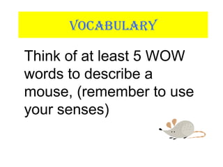 VOCABULARY
Think of at least 5 WOW
words to describe a
mouse, (remember to use
your senses)
 