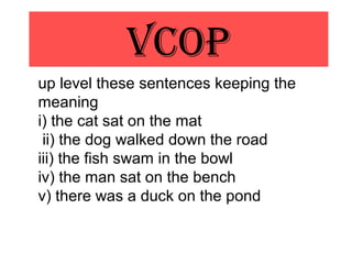 VCOp
up level these sentences keeping the
meaning
i) the cat sat on the mat
ii) the dog walked down the road
iii) the fish swam in the bowl
iv) the man sat on the bench
v) there was a duck on the pond
 