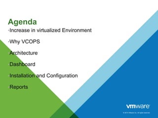 © 2014 VMware Inc. All rights reserved.
Agenda
•Increase in virtualized Environment
•Why VCOPS
•Architecture
•Dashboard
•Installation and Configuration
•Reports
 