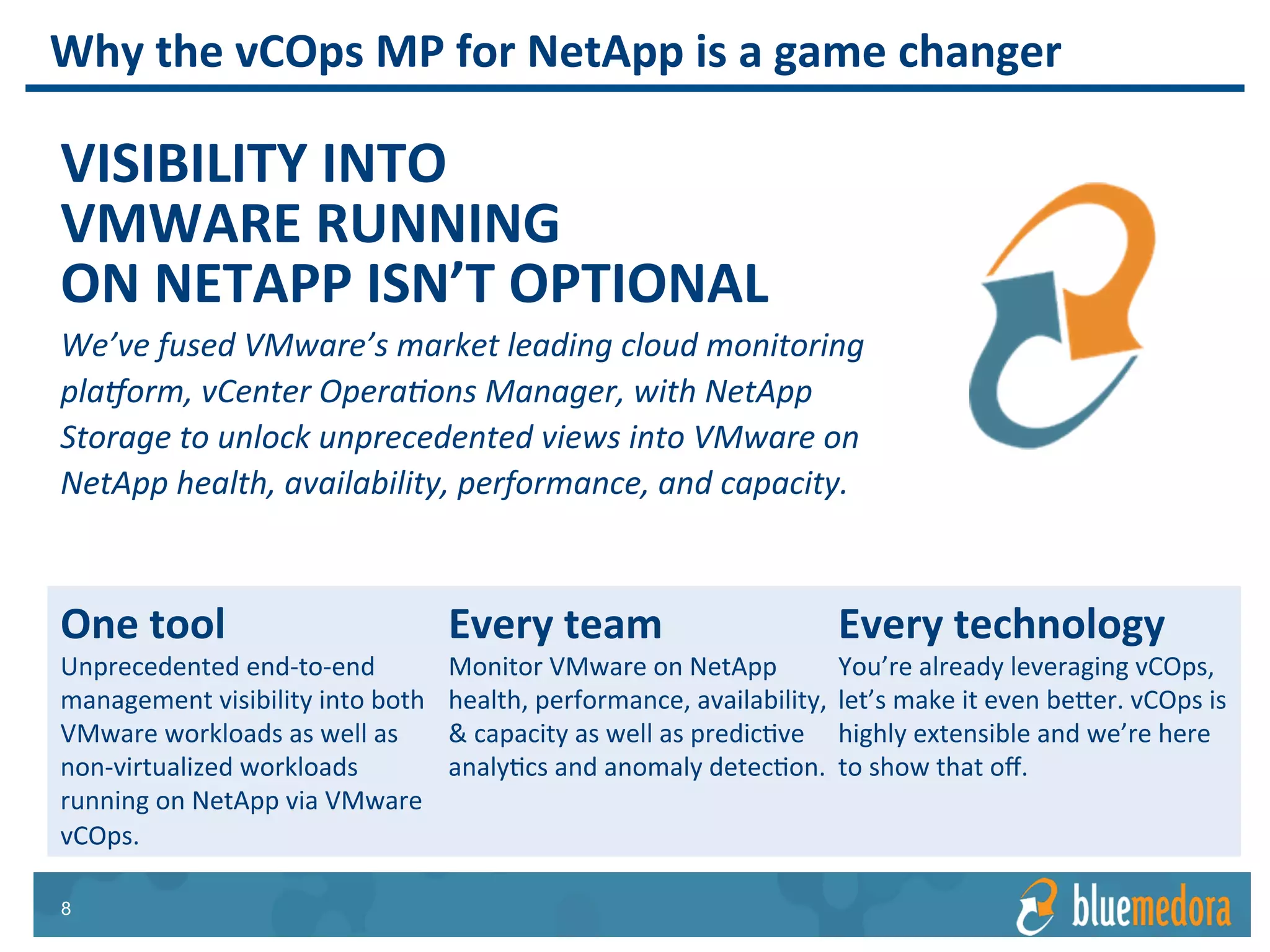 NetApp Storage | Management Pack
Includes 25 detailed step-by-
step recommendations to drive
to resolution.
Alerts & Recommendations
 