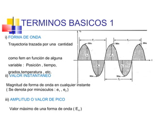 TERMINOS BASICOS 1
i) FORMA DE ONDA
Trayectoria trazada por una cantidad
como fem en función de alguna
variable : Posición , tiempo,
grados,temperatura , etc.
ii) VALOR INSTANTANEO
Magnitud de forma de onda en cualquier instante
( Se denota por minúsculos : e1 , e2 )
iii) AMPLITUD O VALOR DE PICO
Valor máximo de una forma de onda ( Em )

 
