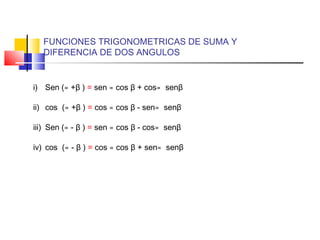 FUNCIONES TRIGONOMETRICAS DE SUMA Y
DIFERENCIA DE DOS ANGULOS

i) Sen (∝ +β ) = sen ∝ cos β + cos∝ senβ
ii) cos (∝ +β ) = cos ∝ cos β - sen∝ senβ
iii) Sen (∝ - β ) = sen ∝ cos β - cos∝ senβ
iv) cos (∝ - β ) = cos ∝ cos β + sen∝ senβ

 